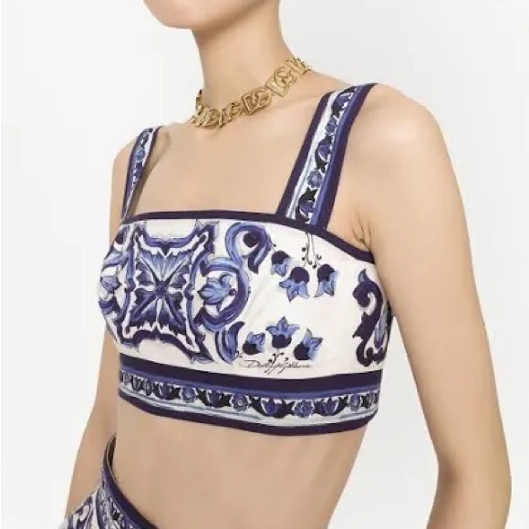 Dolce Gabbana Skirt + Crop Top Set Majolica Print & Pleated Poplin Midi Skirt - Picture 4 of 15